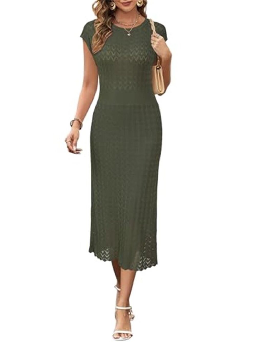 Women's Summer Sweater Dress Midi Cap Sleeve Hollow Knit